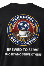 Black t-shirt with 'Tennessee Dept. of Coffee' logo and text on a dark background