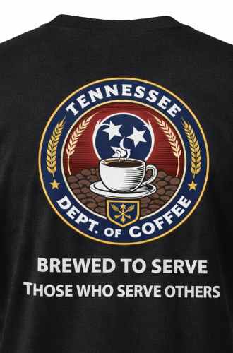 Black t-shirt with 'Tennessee Dept. of Coffee' logo and text on a dark background