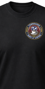 Black t-shirt with a 'Tennessee Dept of Coffee' logo on a white background