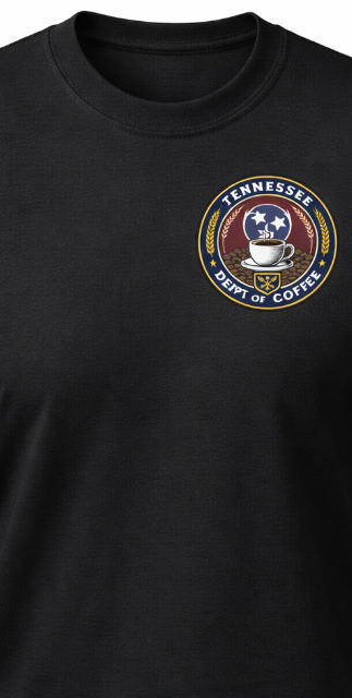 Black t-shirt with a 'Tennessee Dept of Coffee' logo on a white background
