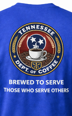 Blue t-shirt with 'Tennessee Dept. of Coffee' logo and text on the back