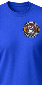 Blue t-shirt with a 'Tennessee Dept of Coffee' logo on a white background