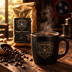 A steaming black coffee mug with a Tennessee Dept. of Coffee logo sits on a wooden table beside a gold bag of Sarge's Select medium roast coffee, with scattered coffee beans and a spoon in a warm rustic setting.