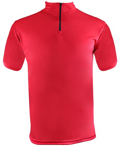 A red short-sleeve athletic quarter-zip shirt with a mock neck, shown from the back on a white background.