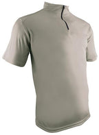 A short-sleeve athletic quarter-zip shirt in a light taupe-gray color, shown on a plain white background.