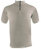 A short-sleeve athletic quarter-zip shirt shown from the back, featuring a light beige body and a black zipper at the collar, set against a plain white background.