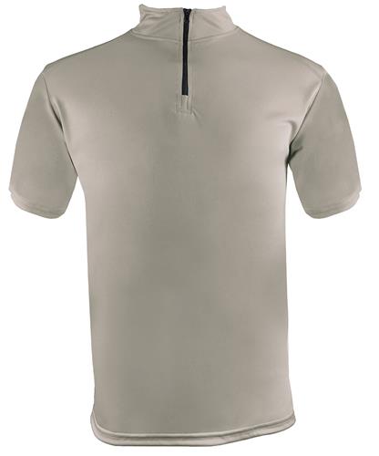 A short-sleeve athletic quarter-zip shirt shown from the back, featuring a light beige body and a black zipper at the collar, set against a plain white background.