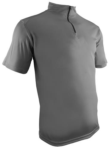 A gray short-sleeve athletic quarter-zip shirt with a mock neck collar, shown on a plain white background.