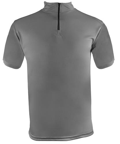 A gray short-sleeve athletic quarter-zip shirt with a mock neck, shown from the back on a white background.