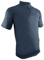 A dark navy blue short-sleeve athletic quarter-zip shirt with a mock neck collar, shown on a plain white background.