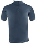 A short-sleeve athletic quarter-zip shirt in a muted slate blue color, shown from the back against a plain white background.