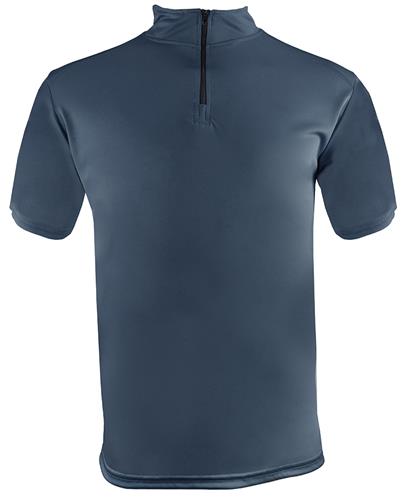 A short-sleeve athletic quarter-zip shirt in a muted slate blue color, shown from the back against a plain white background.