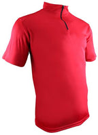 A red short-sleeve athletic quarter-zip shirt with a black zipper, shown on a plain white background.