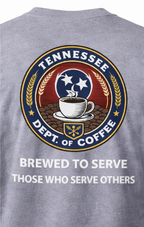 Gray t-shirt with 'Tennessee Dept. of Coffee' logo and text on the back
