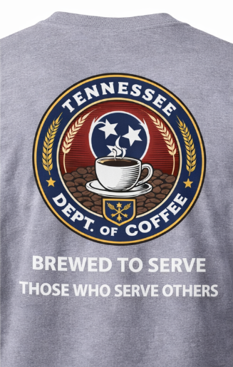 Gray t-shirt with 'Tennessee Dept. of Coffee' logo and text on the back