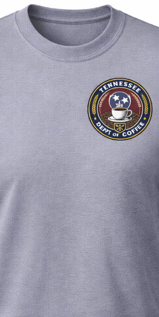 Gray t-shirt with a 'Tennessee Dept of Coffee' logo on a white background